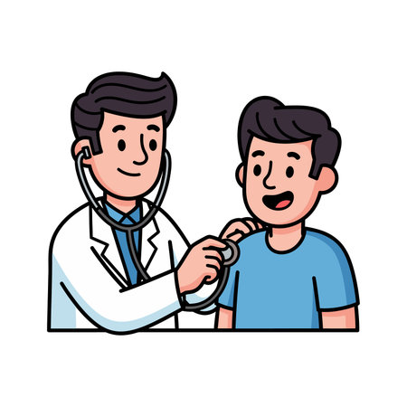 Doctor in white coat examining patient with stethoscope, cheerful cartoon characters.のイラスト素材