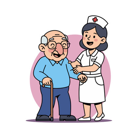 Cartoon illustration of a smiling nurse in white uniform assisting an elderly man with glasses and a cane, showing care and support.のイラスト素材