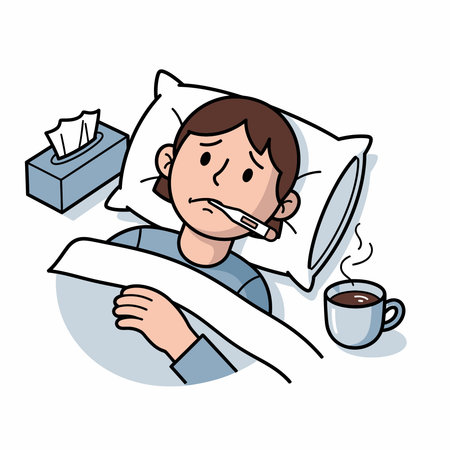 Cartoon illustration of a child lying in bed, looking unwell, holding a thermometer in their mouth, with tissues and a cup of hot drink nearby.のイラスト素材