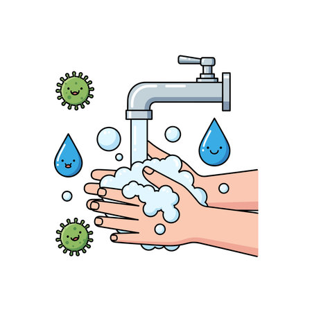 Cartoon illustration of hands washing with soap under a faucet, with water and bubbles.のイラスト素材