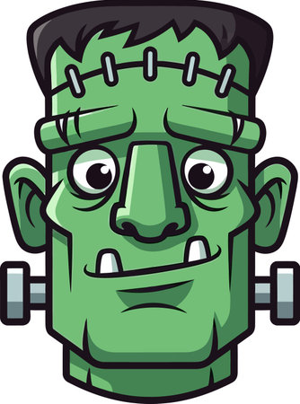 Cartoon illustration of Frankenstein's monster head, featuring green skin, bolts, and a stitched hairline.のイラスト素材
