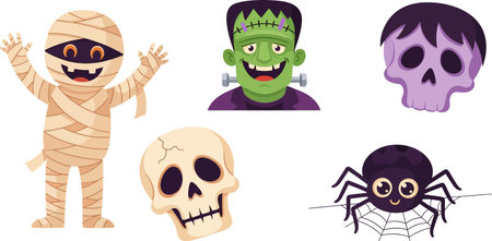 Cartoon mummy with tan bandages, raised arms, and a smiling face with visible teeth, illustrated in a flat, vector style.のイラスト素材