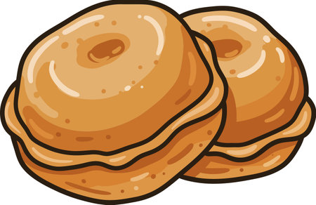 Two cartoon pancakes stacked, golden brown with syrup, outlined in black, simple illustration style.のイラスト素材