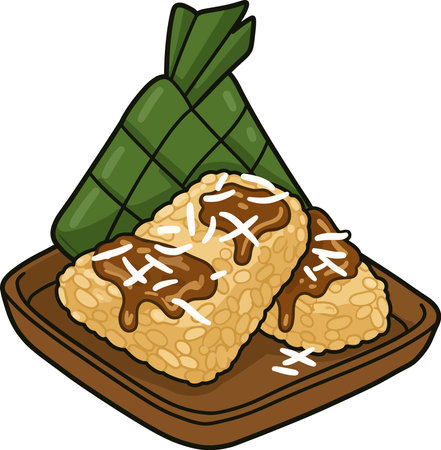Illustration of Indonesian food, featuring ketupat, tempe, and coconut flakes on a wooden plate. The tempe is drizzled with sauce.のイラスト素材