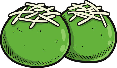 Two cartoon-style green coconuts with black outlines, topped with shredded white coconut. The coconuts have small black markings.のイラスト素材