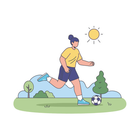 Woman with bun hairstyle, wearing a yellow shirt and blue shorts, running to kick a soccer ball.のイラスト素材