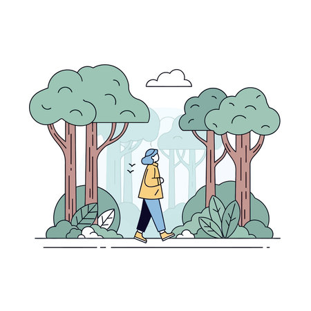 Woman walking in a forest, wearing a yellow jacket, blue pants, and a blue hat, with trees and bushes around.のイラスト素材