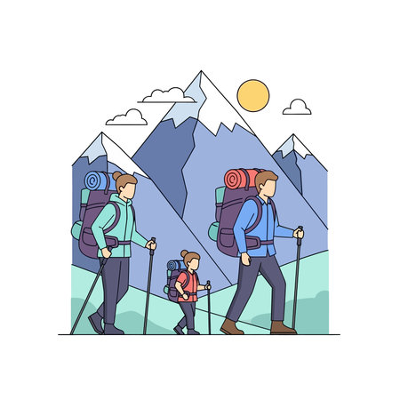 A family of three hikers, with backpacks and trekking poles, walking in a line. They are wearing outdoor clothing and hiking boots.のイラスト素材