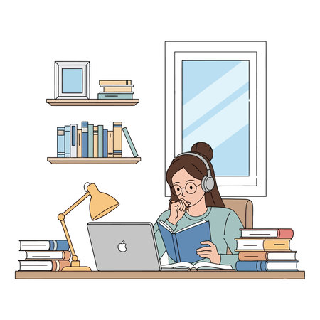 Cartoon illustration of a woman with glasses and headphones studying with a laptop and book at a desk with a lamp and stacks of books.のイラスト素材