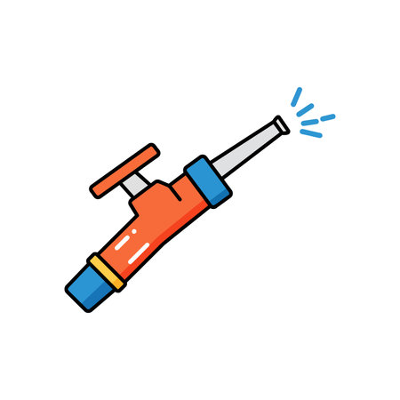 Cartoon illustration of a fire hose nozzle, orange body, blue accents, spraying blue water, black outline, and white nozzle.のイラスト素材