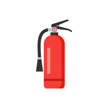 A red fire extinguisher with a black hose and nozzle, featuring a pressure gauge and a lever mechanism for activation.のイラスト素材
