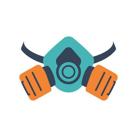 A teal respirator mask with orange filters and dark blue straps and central detail, presented in a flat, graphic style.のイラスト素材