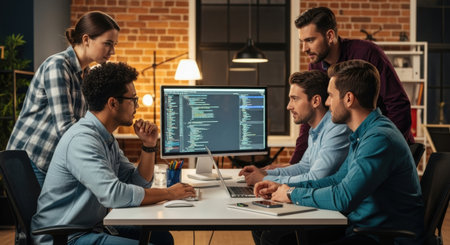 A diverse team of five professionals collaborates, analyzing code on a computer screen in a modern office setting. They are focused, engaged, and working together to solve a problem.の素材