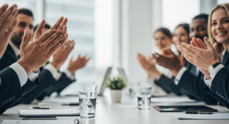 A diverse group of business professionals applauds at a conference table, celebrating a success in a bright, modern office setting. The atmosphere is positive and collaborative.の素材