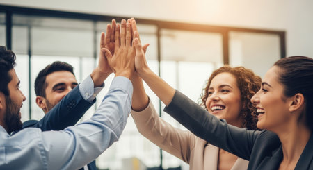 A diverse group of smiling business professionals high-fiving in a modern office, bathed in warm light, symbolizing teamwork, achievement, and positive workplace dynamics.の素材