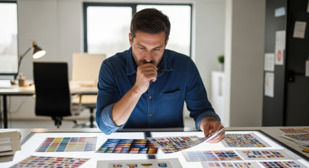 A designer in a denim shirt thoughtfully examines color swatches on a light table, hand to chin, in a bright, modern studio, seeking inspiration for a new project.の素材