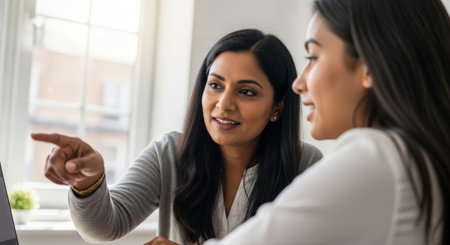 Two smiling women, one pointing at a laptop screen, collaborate in a bright, modern office. The scene conveys teamwork, communication, and a positive work environment.の素材