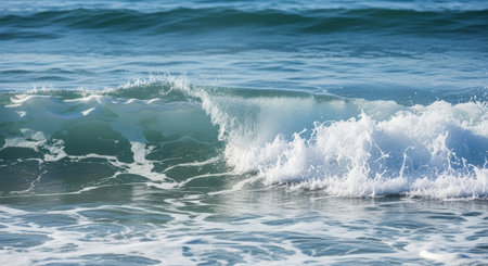 A dynamic ocean scene captures a wave cresting, its turquoise water and white foam creating a mesmerizing display of power and beauty. The wave's movement is frozen in time.の素材