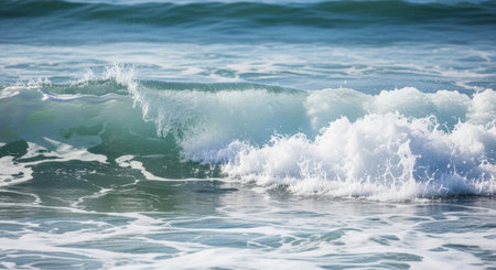 A vibrant ocean wave crests and crashes, creating a foamy spray against the turquoise water. The sunlight illuminates the wave's texture and movement, capturing the ocean's power.の素材