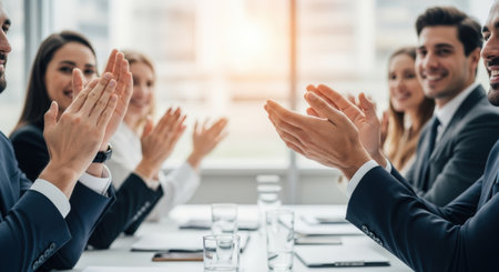 A diverse group of business professionals applauds, smiling, in a modern office. The bright, airy setting suggests a positive, celebratory atmosphere after a successful meeting.の素材