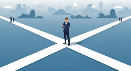 A businessman stands at a crossroads, symbolizing decision-making. Two groups of people are on the paths, suggesting different directions or outcomes.の素材