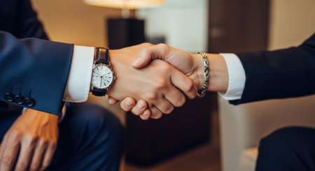 Close-up shot of a business handshake between two individuals in suits, one wearing a watch and the other a bracelet, symbolizing agreement and partnership in warm, inviting lighting.の素材