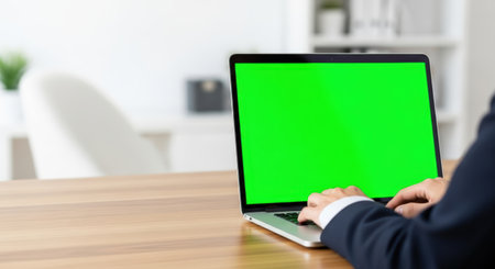 A business professional types on a laptop with a green screen in a bright, modern office. The focus is on the screen and hands, suggesting work or content creation.の素材