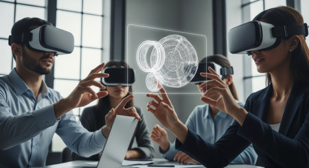 Three professionals in a modern office use VR headsets to interact with a 3D model, collaborating on a design project with laptops and advanced technology.の素材