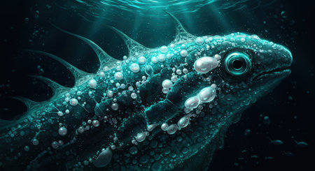 A mesmerizing underwater scene featuring a bioluminescent sea creature. The creature, with spiky protrusions, is covered in glowing bubbles.の素材