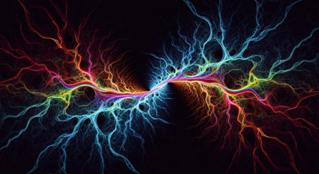 Vivid fractal art featuring rainbow-colored lightning branches emanating from a central point on a black backdrop. The image evokes energy, connection, and abstract beauty.の素材