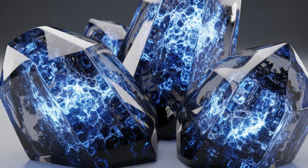 Close-up view of three faceted, transparent crystals, internally illuminated with a vibrant blue, network-like structure. The image evokes a sense of mystery and technological advancement.の素材