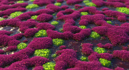 Close-up of a vibrant ecosystem, showcasing clusters of tiny, purple and lime green plants. The intricate details and vibrant colors create a mesmerizing, otherworldly scene.の素材