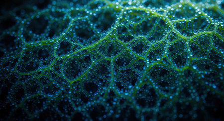 Macro close up of green leaf with dew drops. Nature backgroundの素材