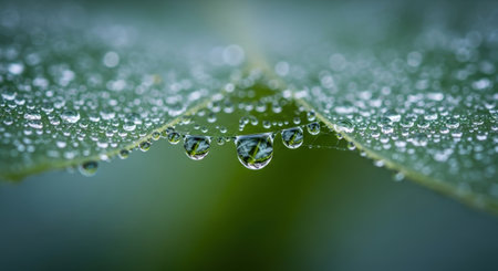 A macro shot captures dew drops clinging to a leaf, reflecting the surrounding greenery. The image showcases nature's beauty with a focus on detail and clarity.の素材
