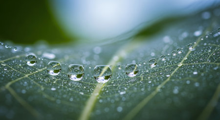 A macro shot captures dewdrops strung like pearls on a leaf's delicate web, reflecting the world in miniature. The soft, diffused light enhances the serene, natural beauty.の素材