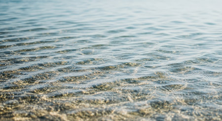 Calm, clear water with gentle ripples reflecting sunlight on the seabed. The shallow depth reveals the sandy bottom, creating a peaceful, natural scene.の素材