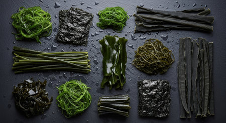 An overhead shot displays various seaweed typesâwakame, nori, kombu, and sea spaghettiâarranged on a wet slate surface, highlighting their textures and colors.の素材