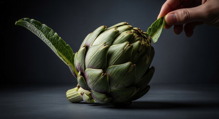 A hand delicately holds an artichoke leaf, showcasing the vegetable's texture and form. The artichoke sits on a dark surface, with dramatic lighting highlighting its details.の素材