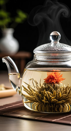 A close-up shot of a glass teapot with a blooming tea flower. The flower is a vibrant orange, surrounded by green tea leaves, steeping in hot water. Steam rises, creating a warm, inviting atmosphere.の素材