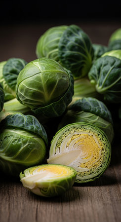 A close-up, detailed photograph showcases fresh Brussels sprouts. One is cut open, revealing the intricate internal structure.の素材
