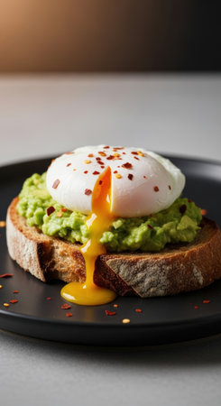 A close-up shot showcases a delicious avocado toast topped with a perfectly poached egg. The yolk is dripping down, creating a visually appealing contrast.の素材