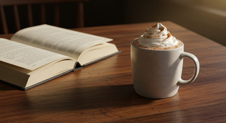 A warm, inviting scene featuring a latte topped with whipped cream and cinnamon next to an open book on a dark wooden table, creating a cozy atmosphere.の素材