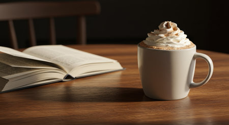 A warm, inviting scene featuring a mug of coffee topped with whipped cream and cinnamon next to an open book on a wooden table, bathed in soft, natural light.の素材