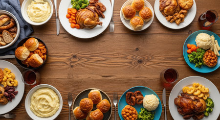 Overhead shot of a Thanksgiving feast with roasted chicken, dinner rolls, mashed potatoes, vegetables, and red wine on a rustic wooden table, creating a warm, inviting atmosphere.の素材