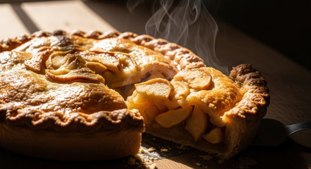 A freshly baked apple pie with a slice removed, steam rising, golden crust, and apple filling. Warm lighting highlights the dessert's inviting texture and aroma.の素材