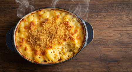 Overhead shot of a freshly baked macaroni and cheese casserole with a golden, bubbly crust and breadcrumb topping, steaming on a dark wooden table. Comfort food concept.の素材