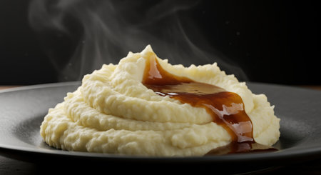 Close-up of creamy, steaming mashed potatoes drizzled with savory brown gravy on a dark plate, set against a dark background, evoking comfort and indulgence.の素材