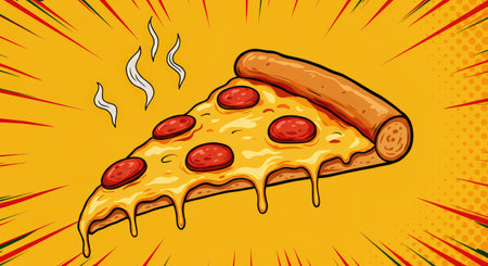 Cartoon illustration of a pepperoni pizza slice with melting cheese, steam, and a comic book style background with red and green lines and halftone dots.の素材