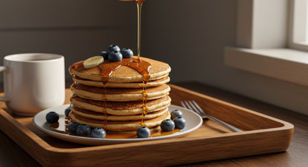 A stack of pancakes topped with blueberries and a banana slice, being drizzled with syrup, sits on a plate with a cup of coffee and fork on a wooden tray.の素材