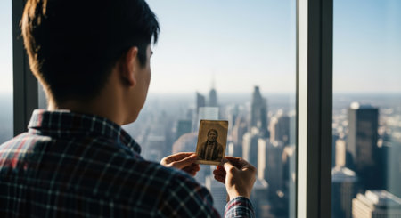 A man in a plaid shirt holds an old photo of a Native American woman, juxtaposed against a modern city view from a high-rise window, creating a poignant contrast of past and present.の素材